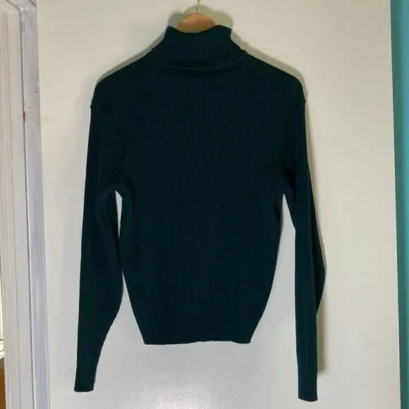 Jaeger Womens Size M Vintage Fitted Green Wool Rib Knit Pullover Turtleneck Top - Picture 8 of 11